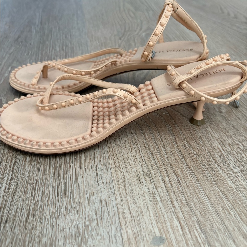 Bottega Veneta Tan Strappy Kitten Heel Sandals